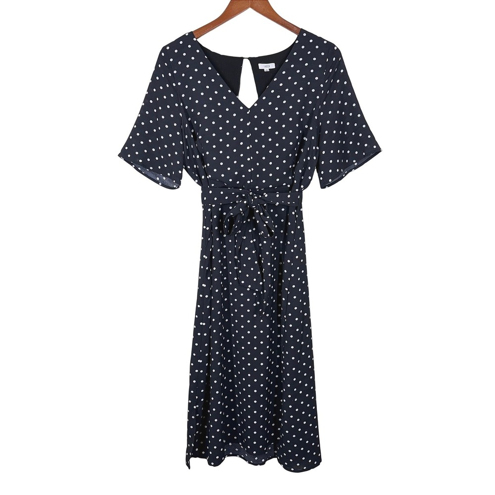 Lucca Womens Midi Fit & Flare Dress Size M Black Polka Dot Retro Rockabilly Chic